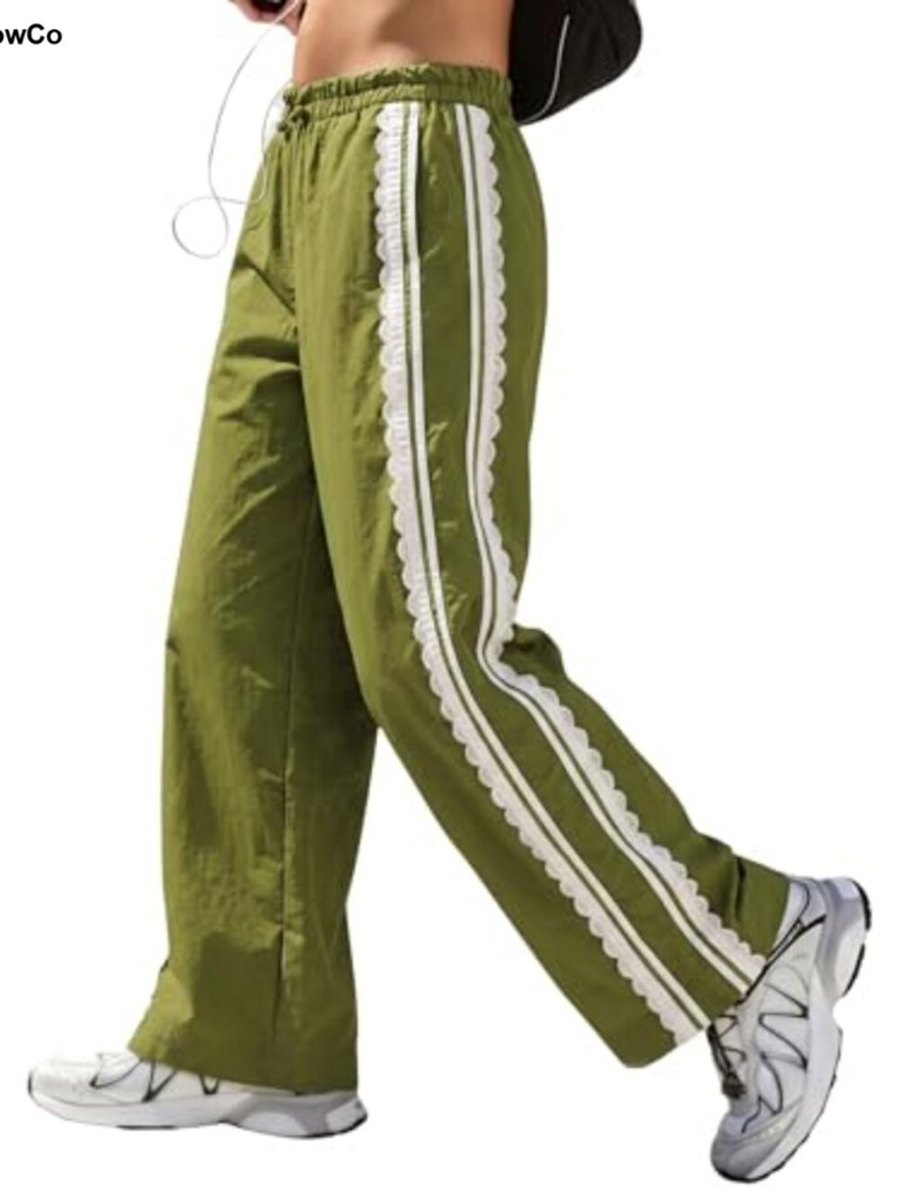 Women's Baggy Wide Leg Track Pants Lace Side Stripe Drawstring Pockets
